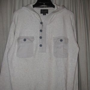 Men's thick HOODED knit sweater, POCKETS, Large, Ivory, Gray Heathered